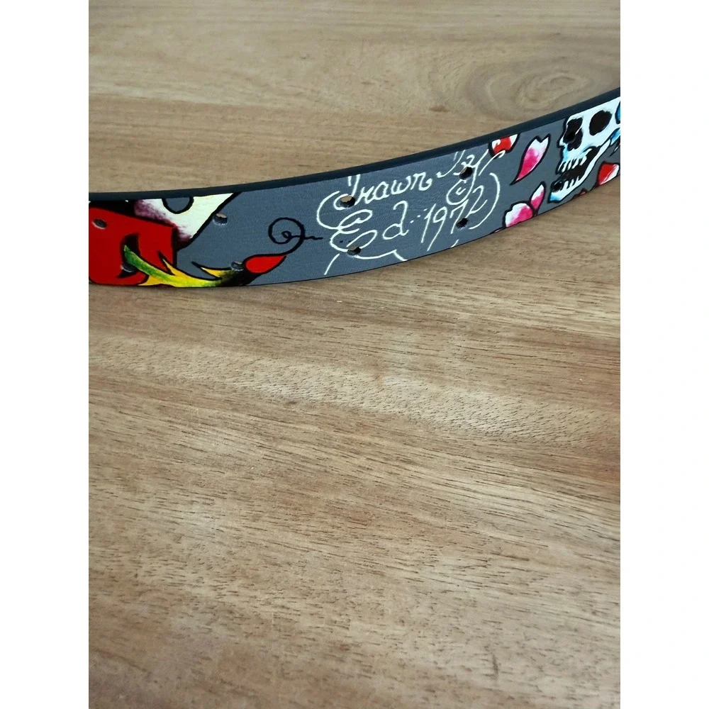 Ed Hardy Mens Tattoo Graphic Studded Belt Grey Skull Rose Size 38